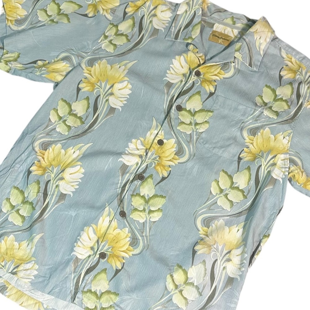 Tommy Bahama Silk Button Up Shirt Mens Large Blue Yellow Floral Camp Hawaiian